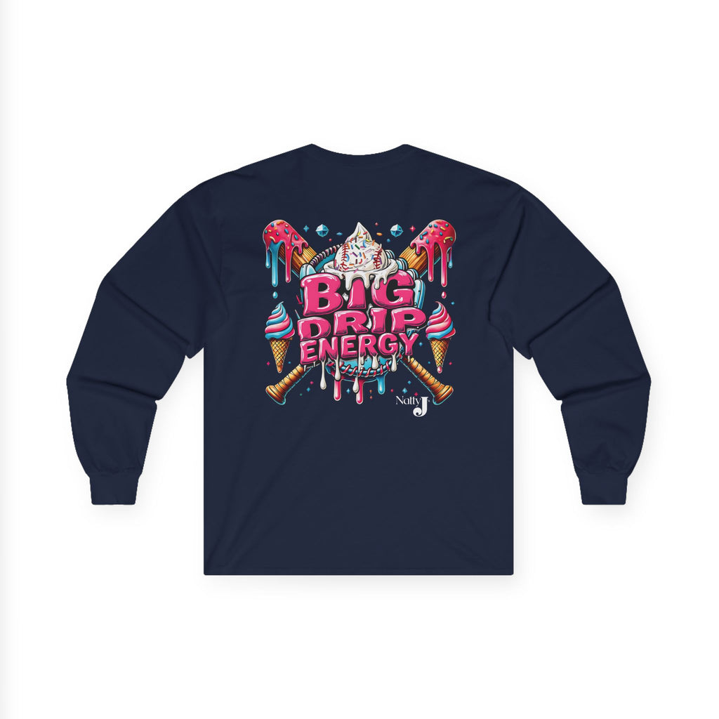 Big Drip Energy Baseball Long Sleeve Shirt – Fun Ice Cream Baseball Graphic Tee for Men | Game Day Baseball Fan Shirt