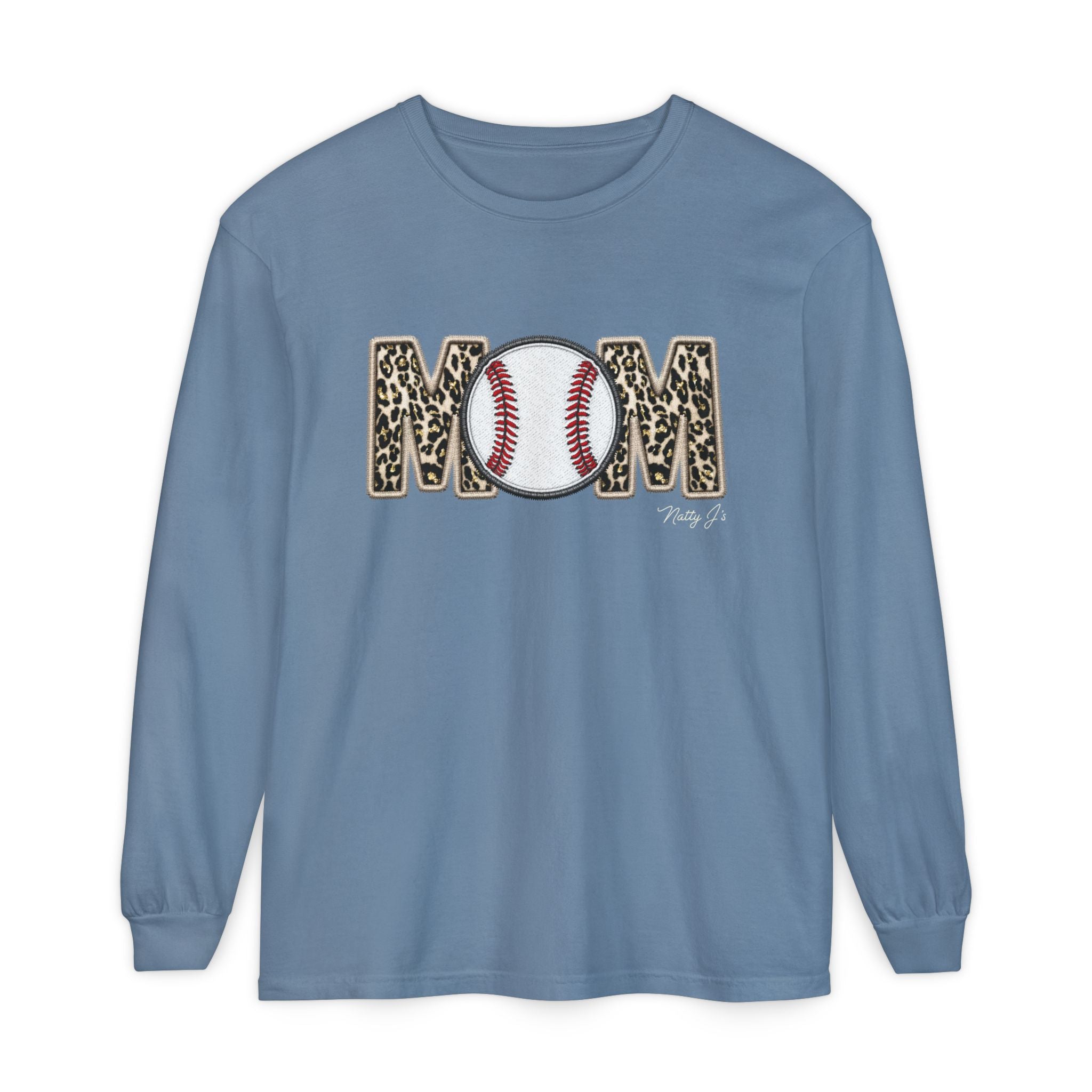 baseball mom gear Natty J's Apparel Leopard Baseball MOM Long Sleeve T-Shirt Blue Jean / M