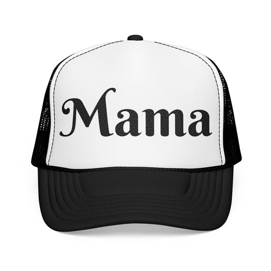 Embroidered Black and White Mama Trucker Hat