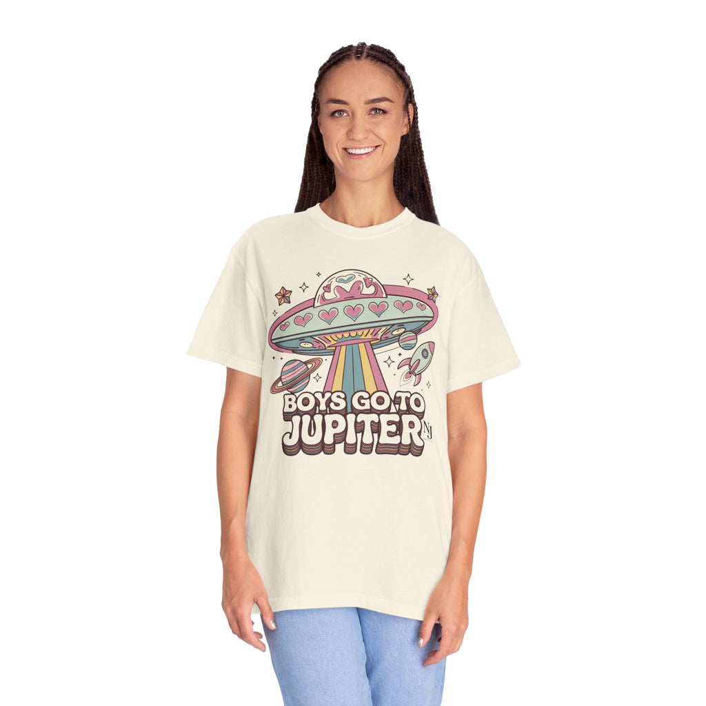 Boys Go to Jupiter Graphic Tee – Retro Space Valentine Shirt for Women | Fun UFO Heart