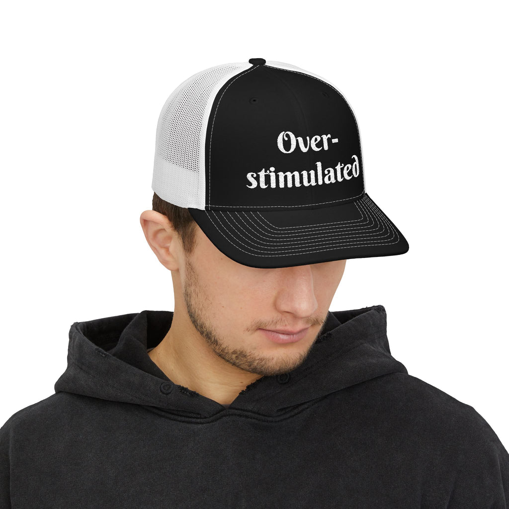 "Overstimulated" Embroidered Snapback Trucker Cap, Funny Cap for Anxiety Relief, Gift for Mental Health Awareness, Casual Style, Unisex Hat