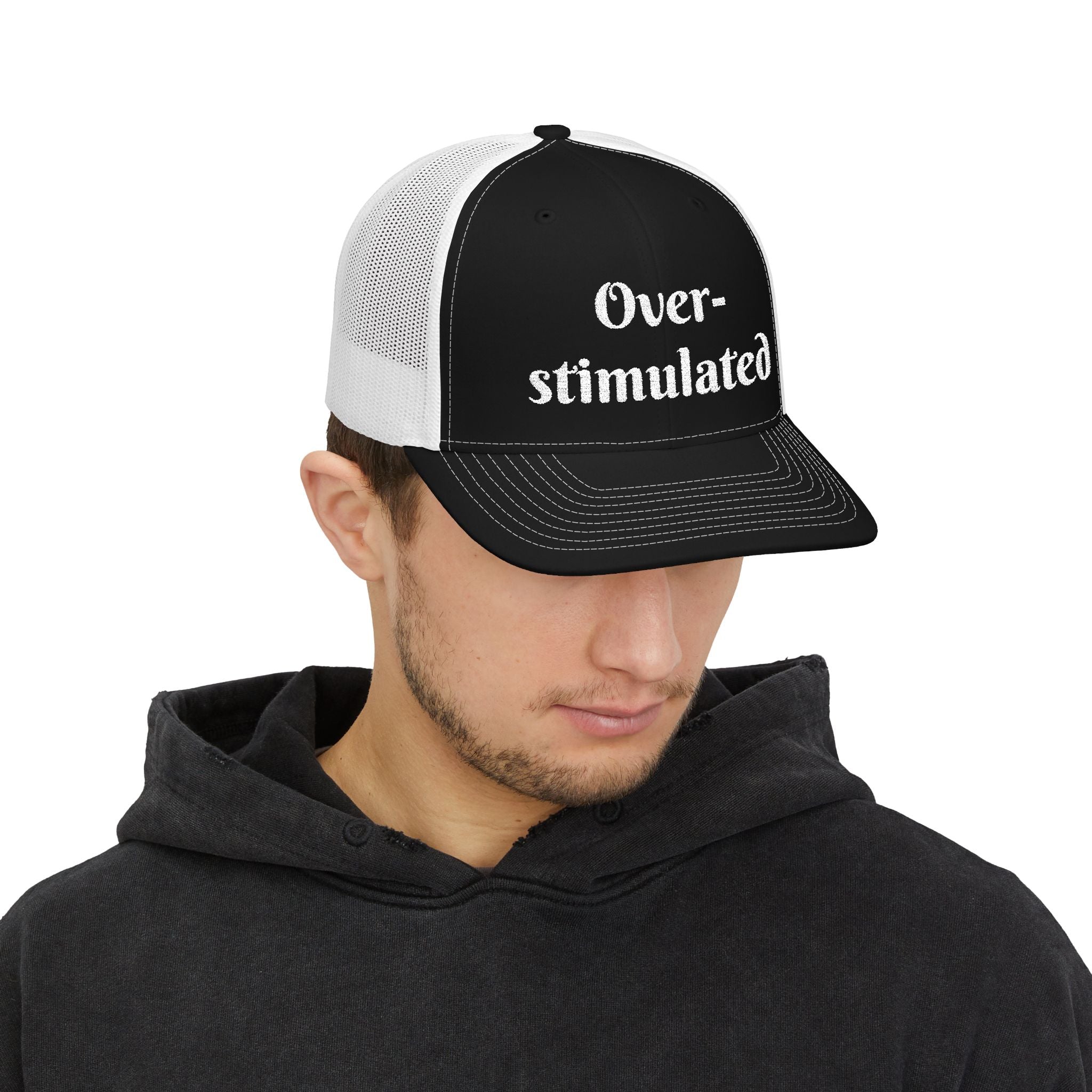"Overstimulated" Embroidered Snapback Trucker Cap, Funny Cap for Anxiety Relief, Gift for Mental Health Awareness, Casual Style, Unisex Hat