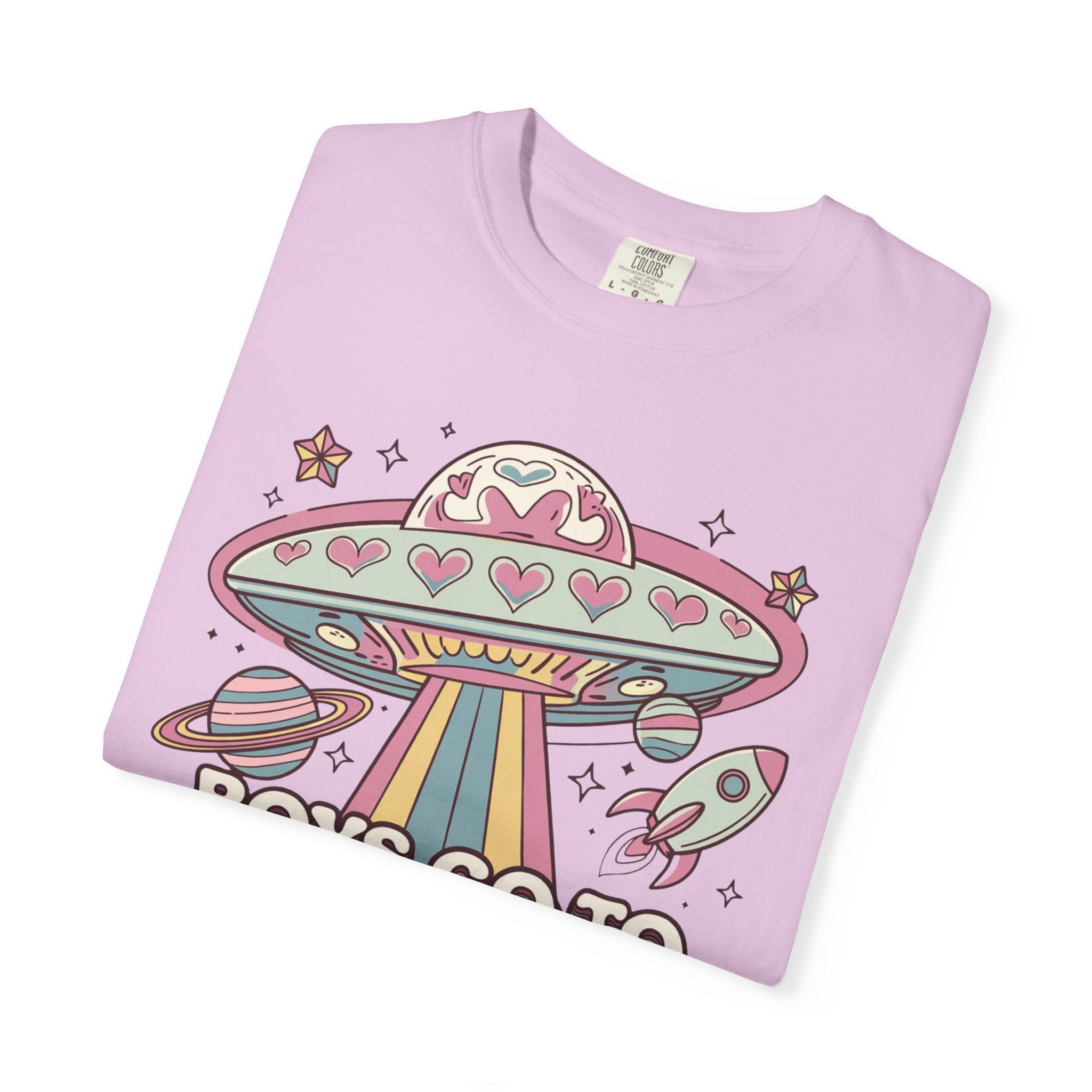 Boys Go to Jupiter Graphic Tee – Retro Space Valentine Shirt for Women | Fun UFO Heart