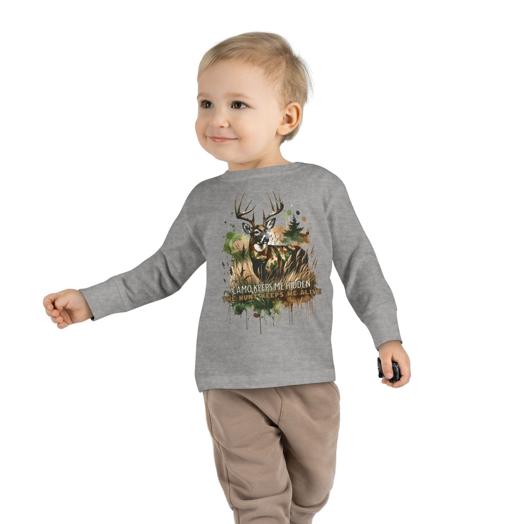 Toddler Camo Keeps Me Hidden Long Sleeve Shirt – Deer Hunting Graphic Long Sleeve Tee | Natty J’s