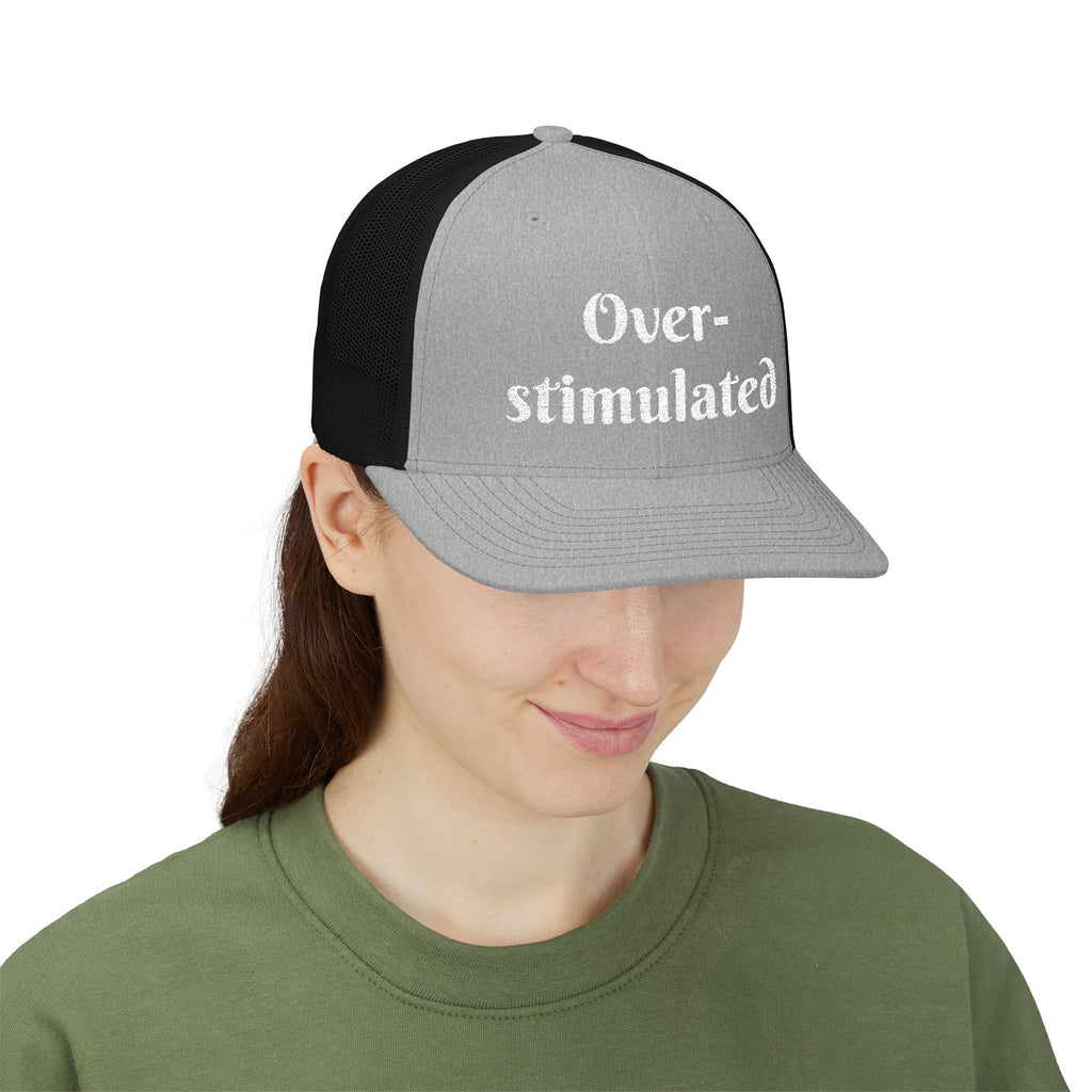 "Overstimulated" Embroidered Snapback Trucker Cap, Funny Cap for Anxiety Relief, Gift for Mental Health Awareness, Casual Style, Unisex Hat