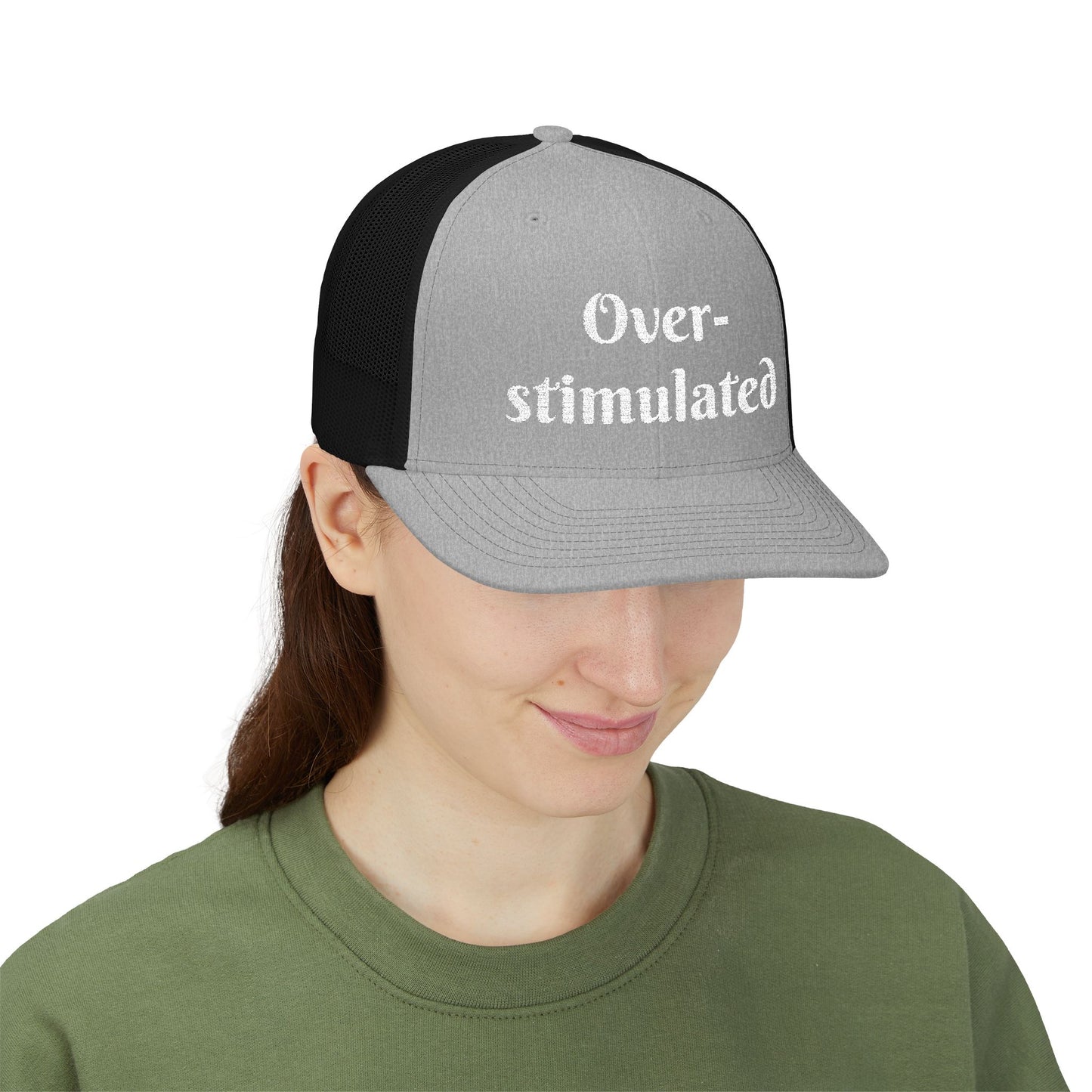 "Overstimulated" Embroidered Snapback Trucker Cap, Funny Cap for Anxiety Relief, Gift for Mental Health Awareness, Casual Style, Unisex Hat