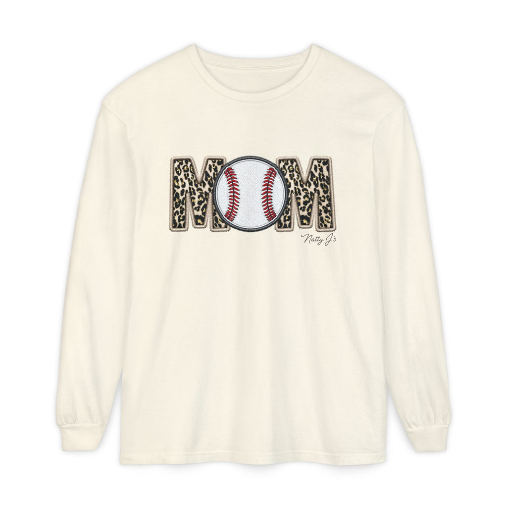 Natty J's Apparel Leopard Baseball MOM Long Sleeve T-Shirt