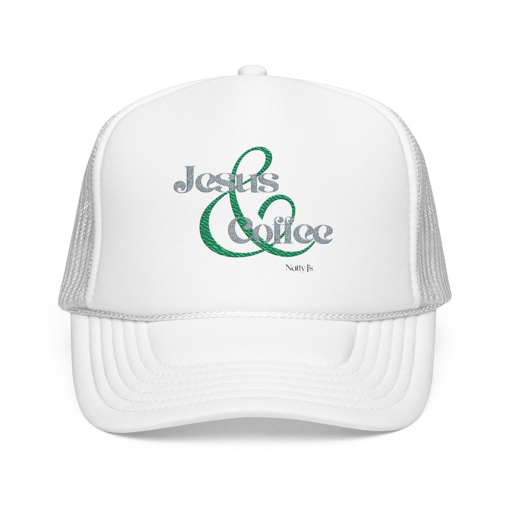 Embroidered Jesus & Coffee Foam Trucker Hat