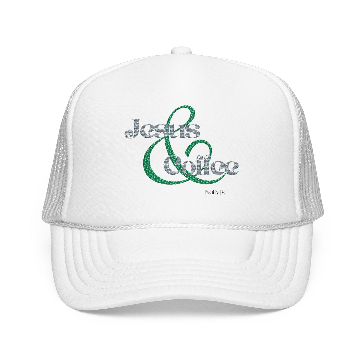 Embroidered Jesus & Coffee Foam Trucker Hat