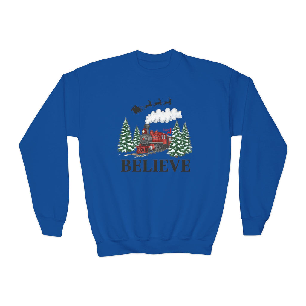 Kids Believe Christmas Sweatshirt – Holiday Train & Santa Sleigh Graphic – Girls & Boys Christmas Crewneck – Cozy Winter Outfit for Children