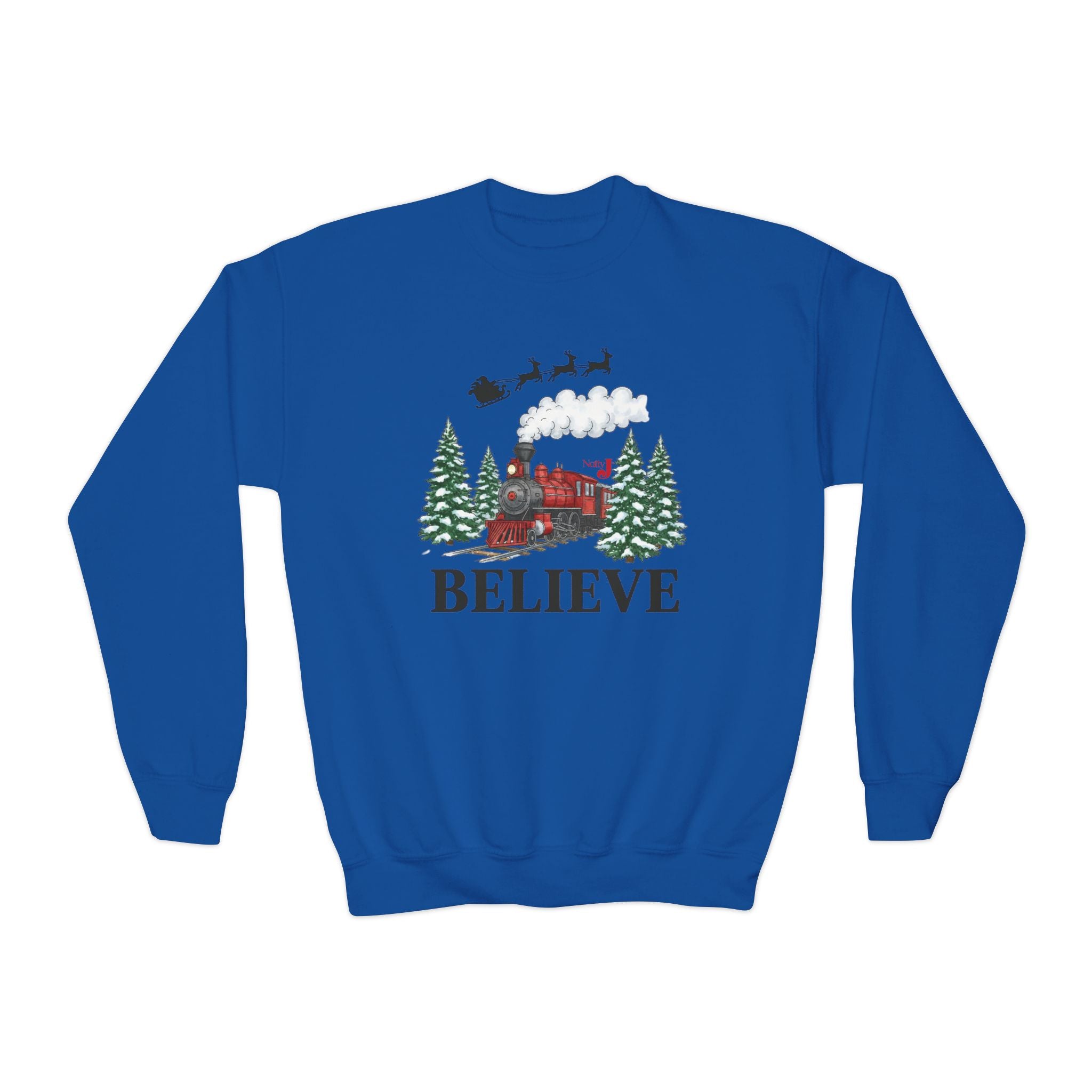 Kids Believe Christmas Sweatshirt – Holiday Train & Santa Sleigh Graphic – Girls & Boys Christmas Crewneck – Cozy Winter Outfit for Children