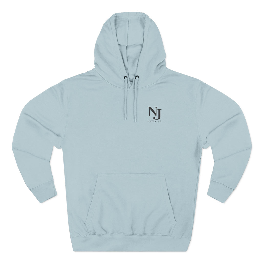 Light blue hoodie with a logo on the chest against a white background