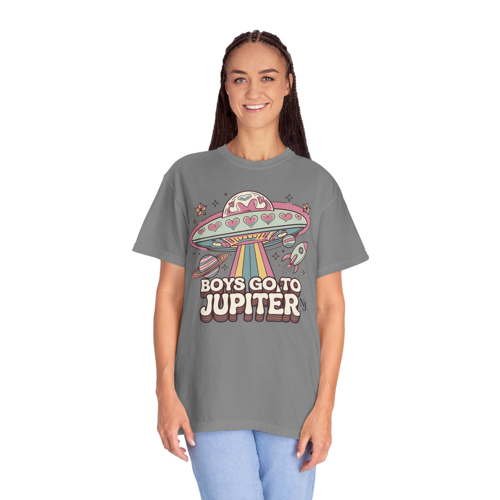 Boys Go to Jupiter Graphic Tee – Retro Space Valentine Shirt for Women | Fun UFO Heart
