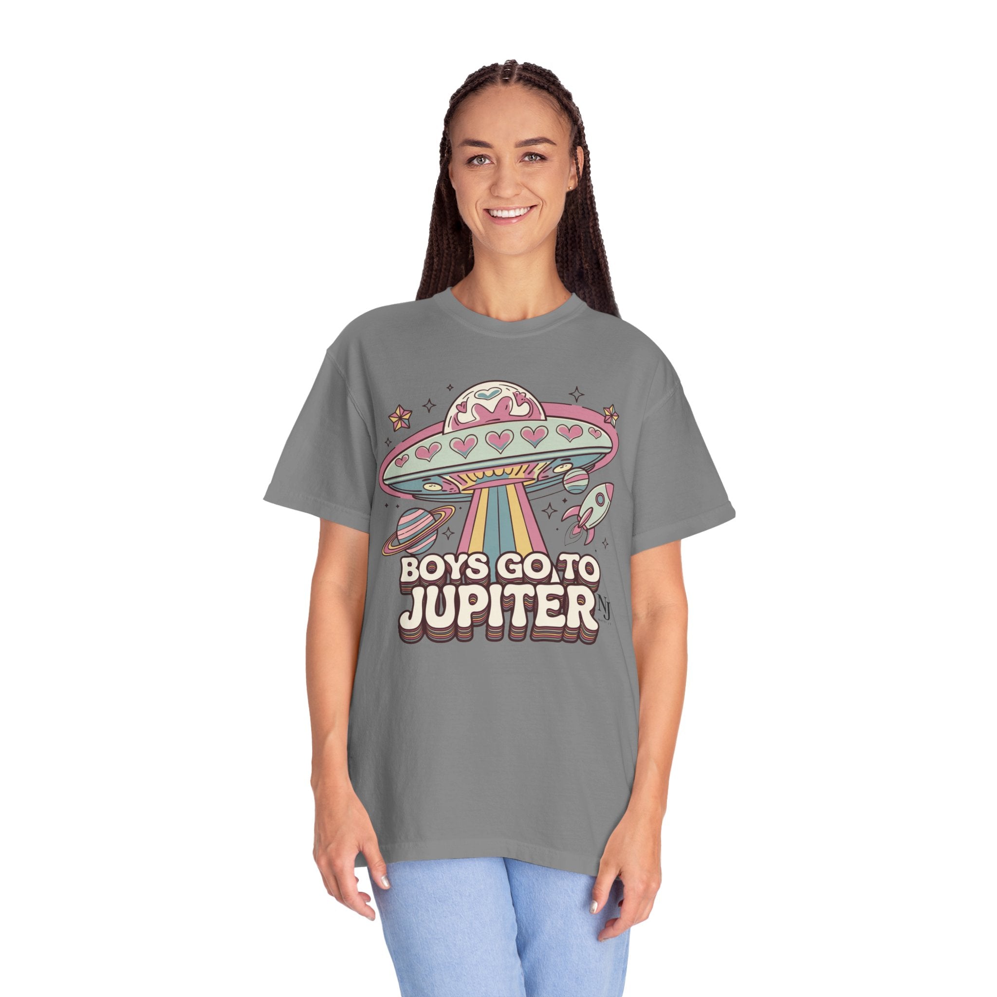 Boys Go to Jupiter Graphic Tee – Retro Space Valentine Shirt for Women | Fun UFO Heart
