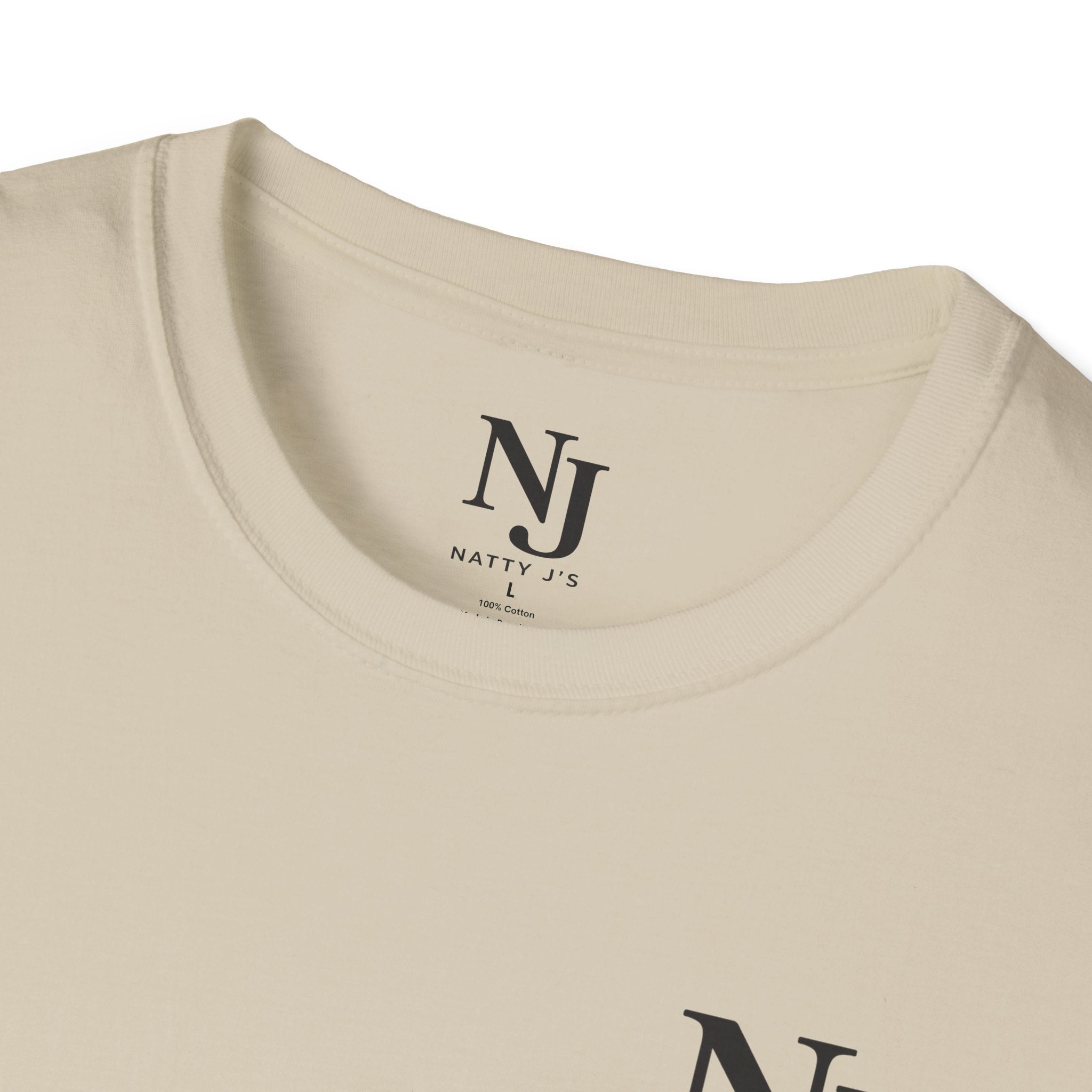 Beige t-shirt with 'Natty J's' logo on a white background