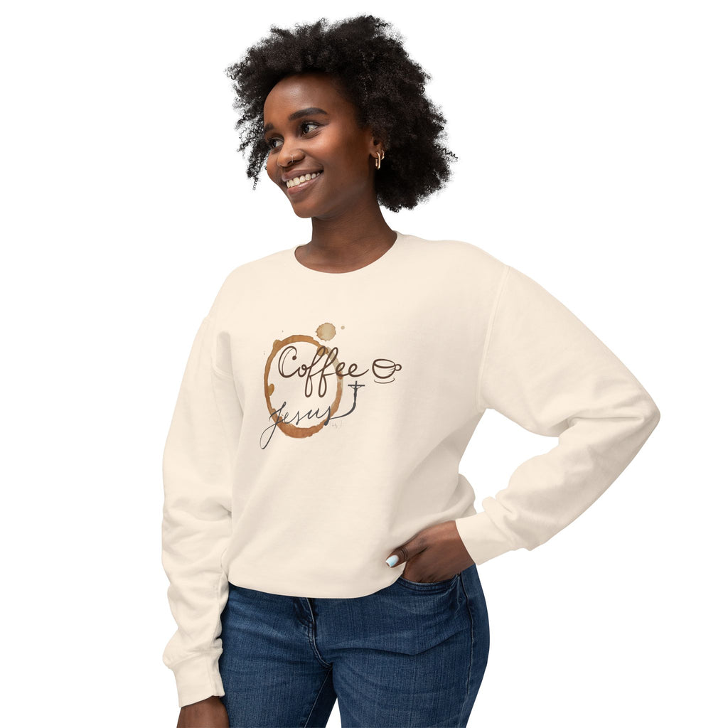 Coffee Jesus Lover's Unisex Lightweight Crewneck Sweatshirt, Cozy Gift for Coffee Enthusiasts, Casual Wear, Perfect Fall, Thanksgiving