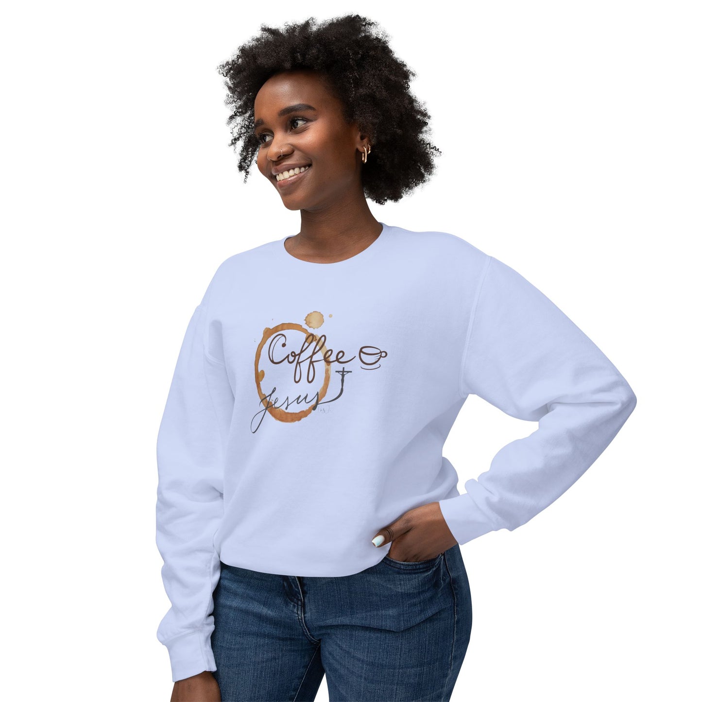 Coffee Jesus Lover's Unisex Lightweight Crewneck Sweatshirt, Cozy Gift for Coffee Enthusiasts, Casual Wear, Perfect Fall, Thanksgiving