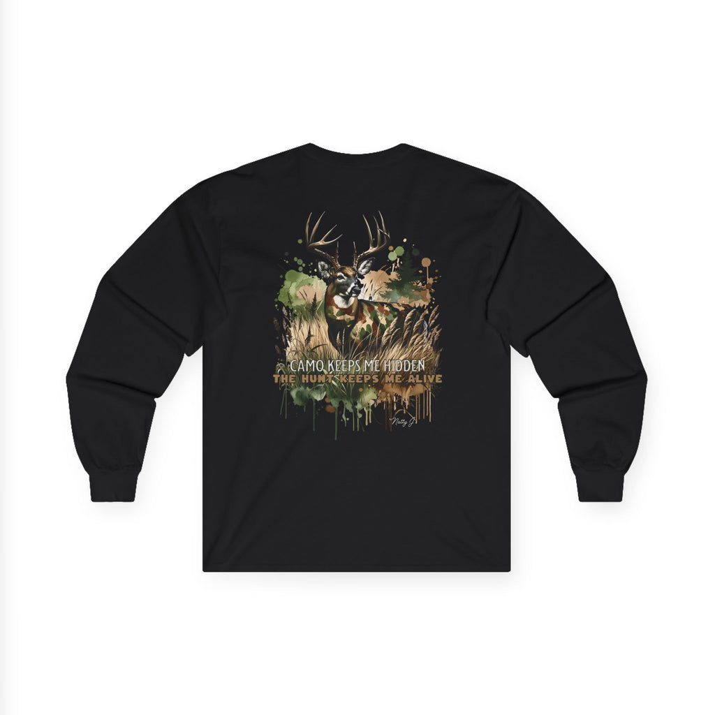 Camo Keeps Me Hidden Long Sleeve Hunting Shirt – Deer Graphic Outdoor Long Sleeve Tee | Natty J’s