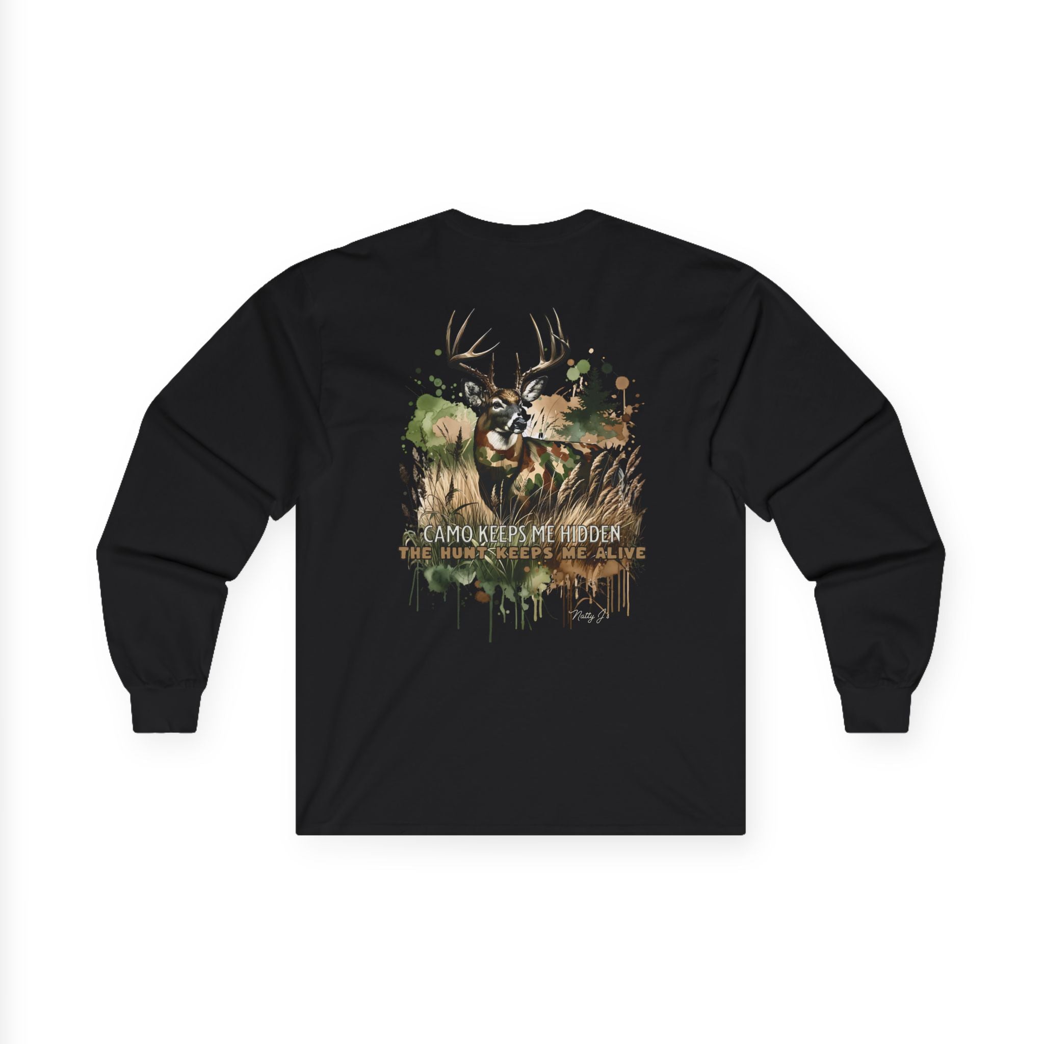 Camo Keeps Me Hidden Long Sleeve Hunting Shirt – Deer Graphic Outdoor Long Sleeve Tee | Natty J’s