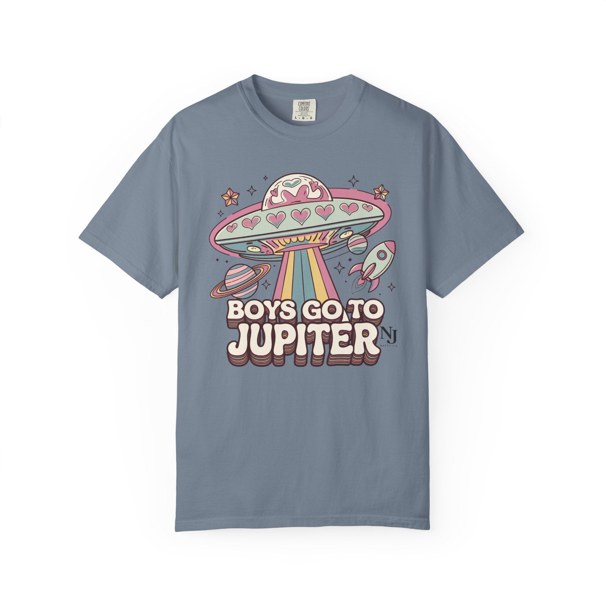Boys Go to Jupiter Graphic Tee – Retro Space Valentine Shirt for Women | Fun UFO Heart