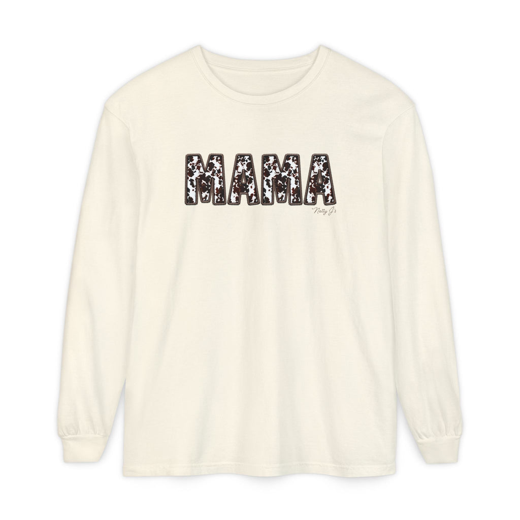 MAMA Cowhide Long Sleeve Shirt, Western Mama Graphic Tee, Neutral Cream Country Mom Shirt, Trendy Boutique Fall Mama Top, Natty J’s