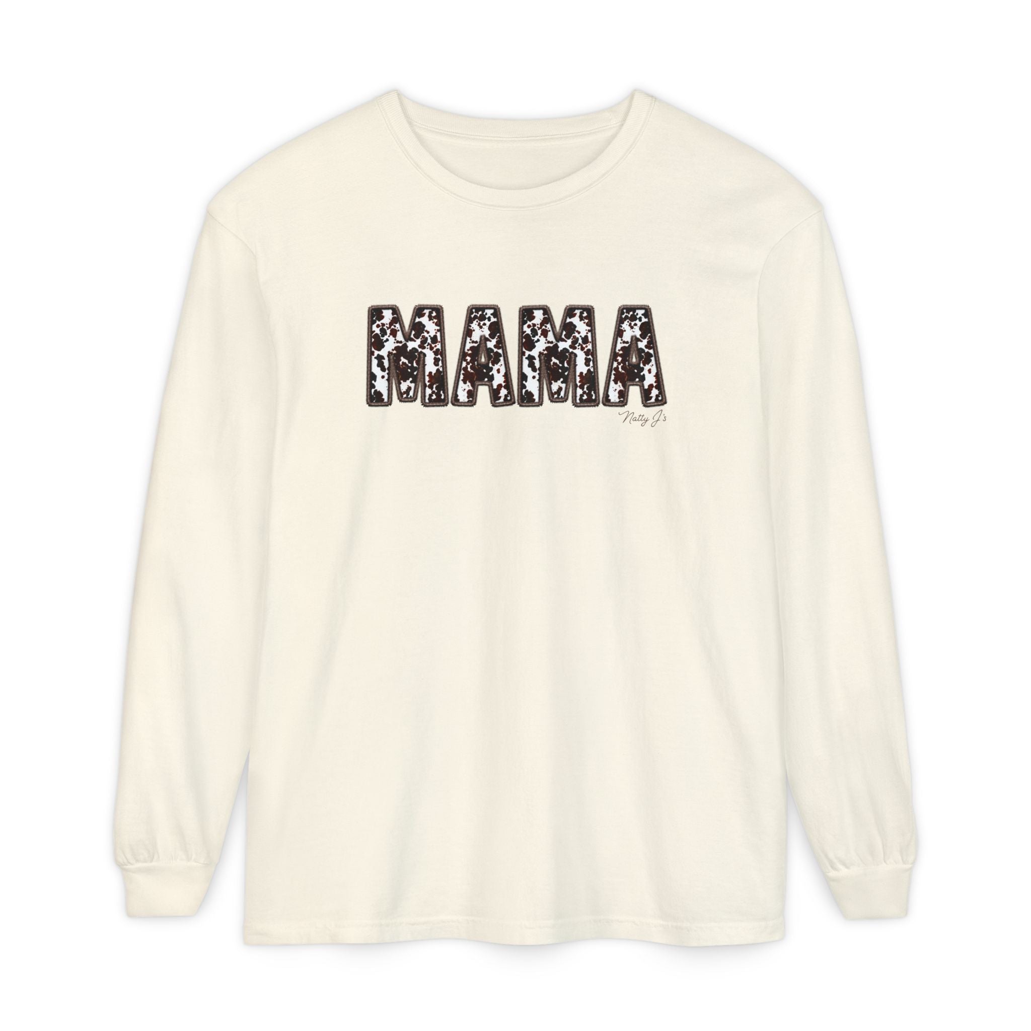 MAMA Cowhide Long Sleeve Shirt, Western Mama Graphic Tee, Neutral Cream Country Mom Shirt, Trendy Boutique Fall Mama Top, Natty J’s