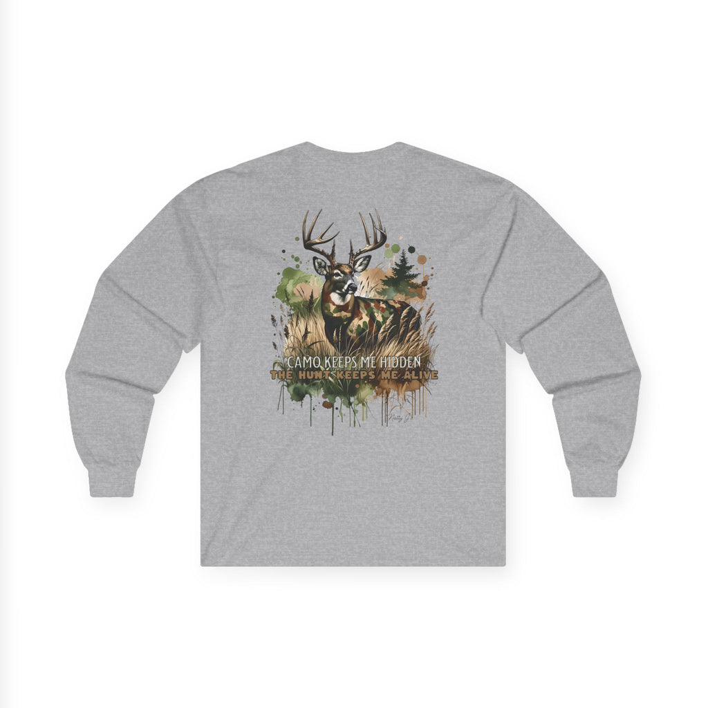 Camo Keeps Me Hidden Long Sleeve Hunting Shirt – Deer Graphic Outdoor Long Sleeve Tee | Natty J’s