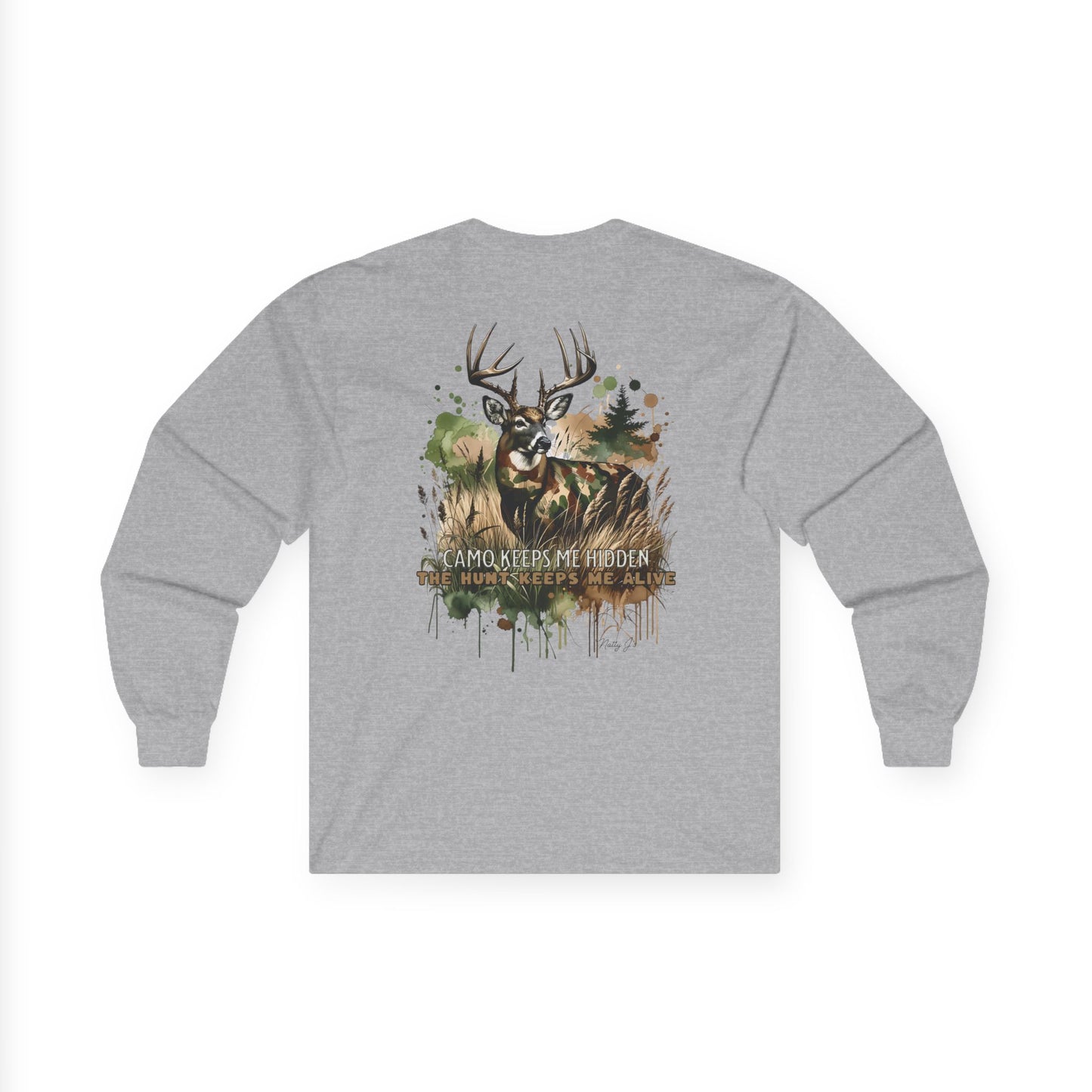 Camo Keeps Me Hidden Long Sleeve Hunting Shirt – Deer Graphic Outdoor Long Sleeve Tee | Natty J’s