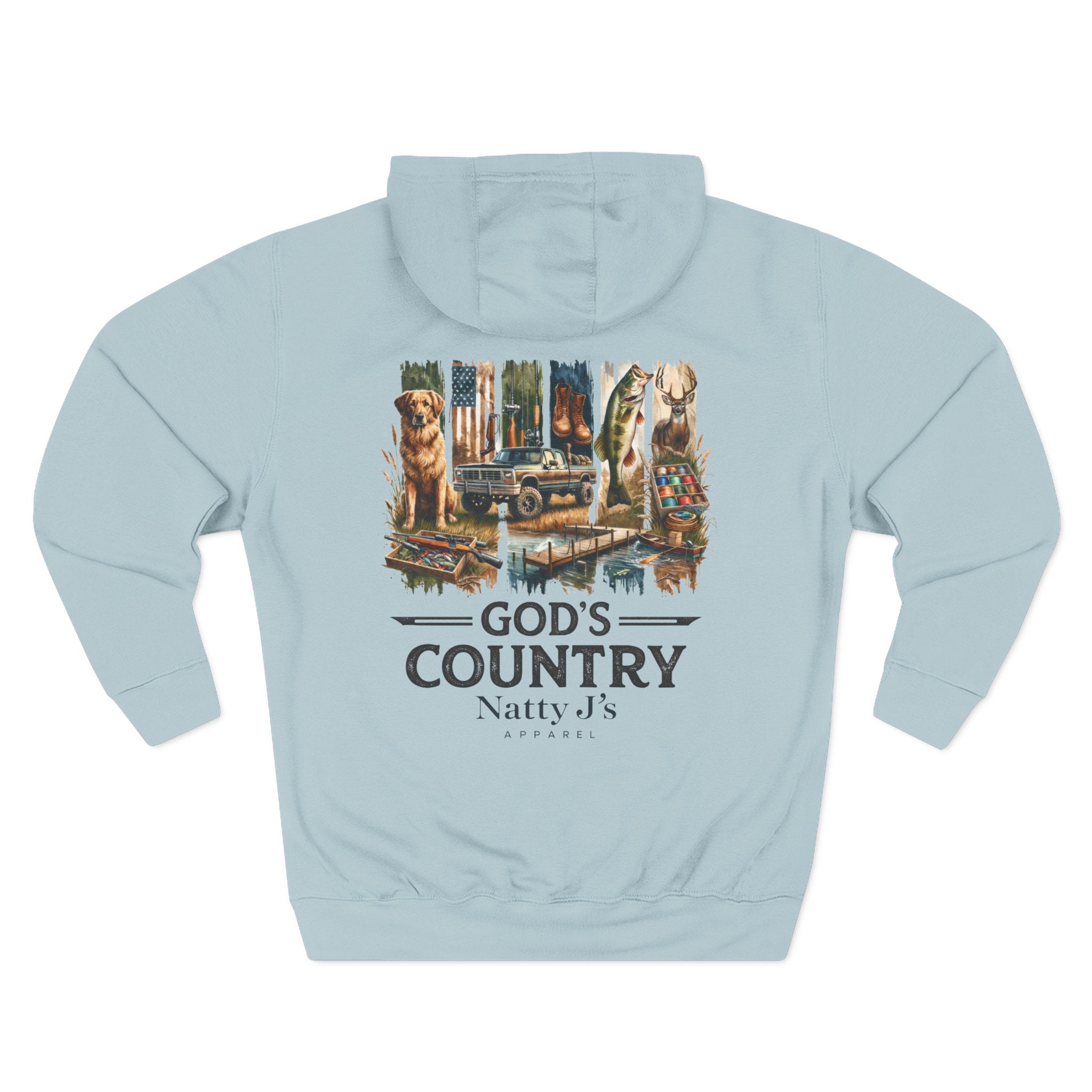 Light blue hoodie with a graphic design on the back featuring text and images.