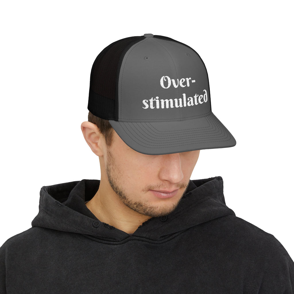 "Overstimulated" Embroidered Snapback Trucker Cap, Funny Cap for Anxiety Relief, Gift for Mental Health Awareness, Casual Style, Unisex Hat