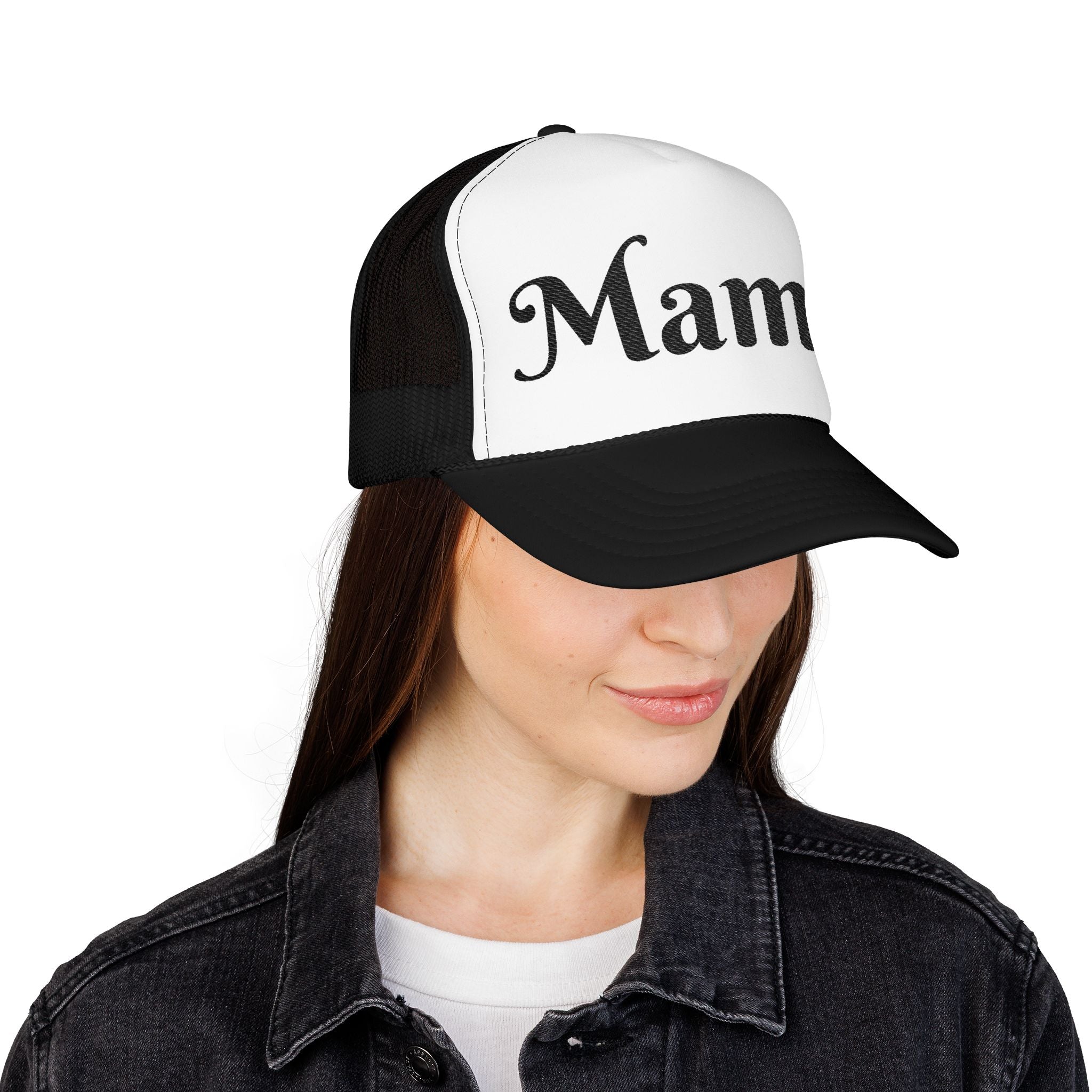 Embroidered Black and White Mama Trucker Hat