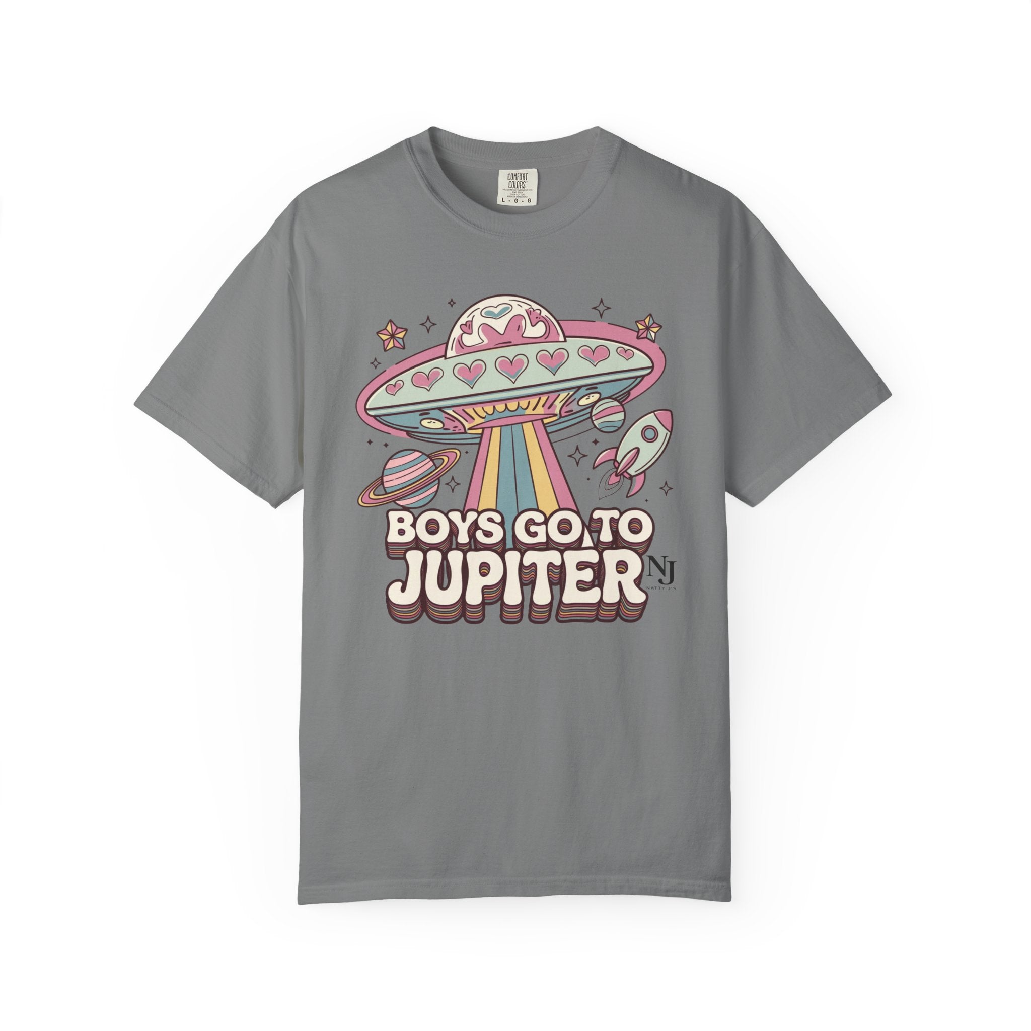 Boys Go to Jupiter Graphic Tee – Retro Space Valentine Shirt for Women | Fun UFO Heart