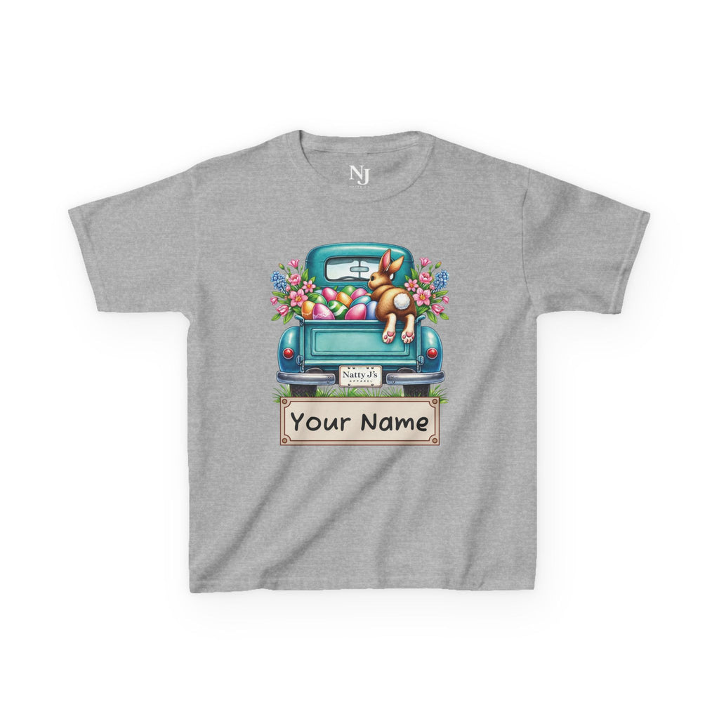 Gray t-shirt with a graphic of a blue truck, dog, and Easter eggs on a white background