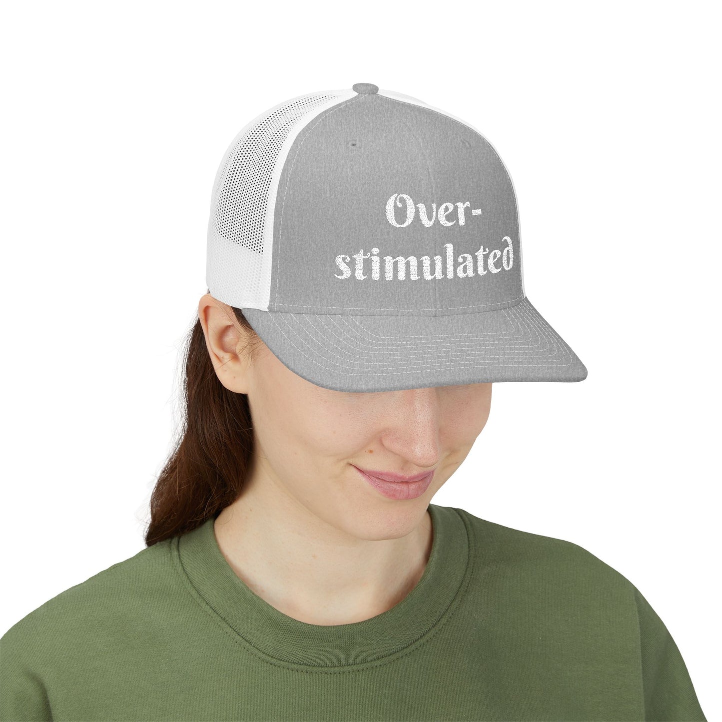 "Overstimulated" Embroidered Snapback Trucker Cap, Funny Cap for Anxiety Relief, Gift for Mental Health Awareness, Casual Style, Unisex Hat