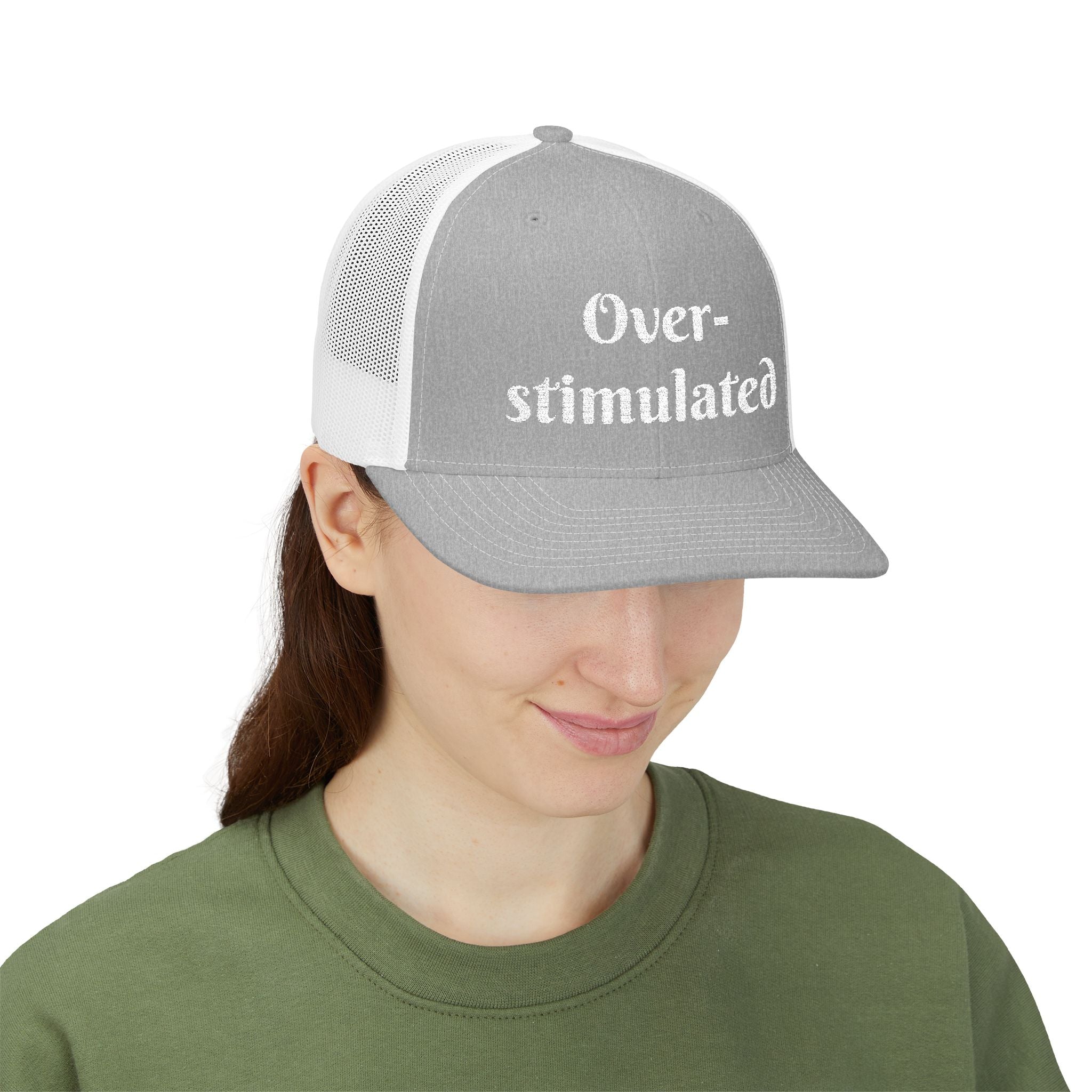 "Overstimulated" Embroidered Snapback Trucker Cap, Funny Cap for Anxiety Relief, Gift for Mental Health Awareness, Casual Style, Unisex Hat