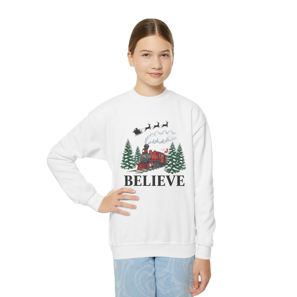 Kids Believe Christmas Sweatshirt – Holiday Train & Santa Sleigh Graphic – Girls & Boys Christmas Crewneck – Cozy Winter Outfit for Children