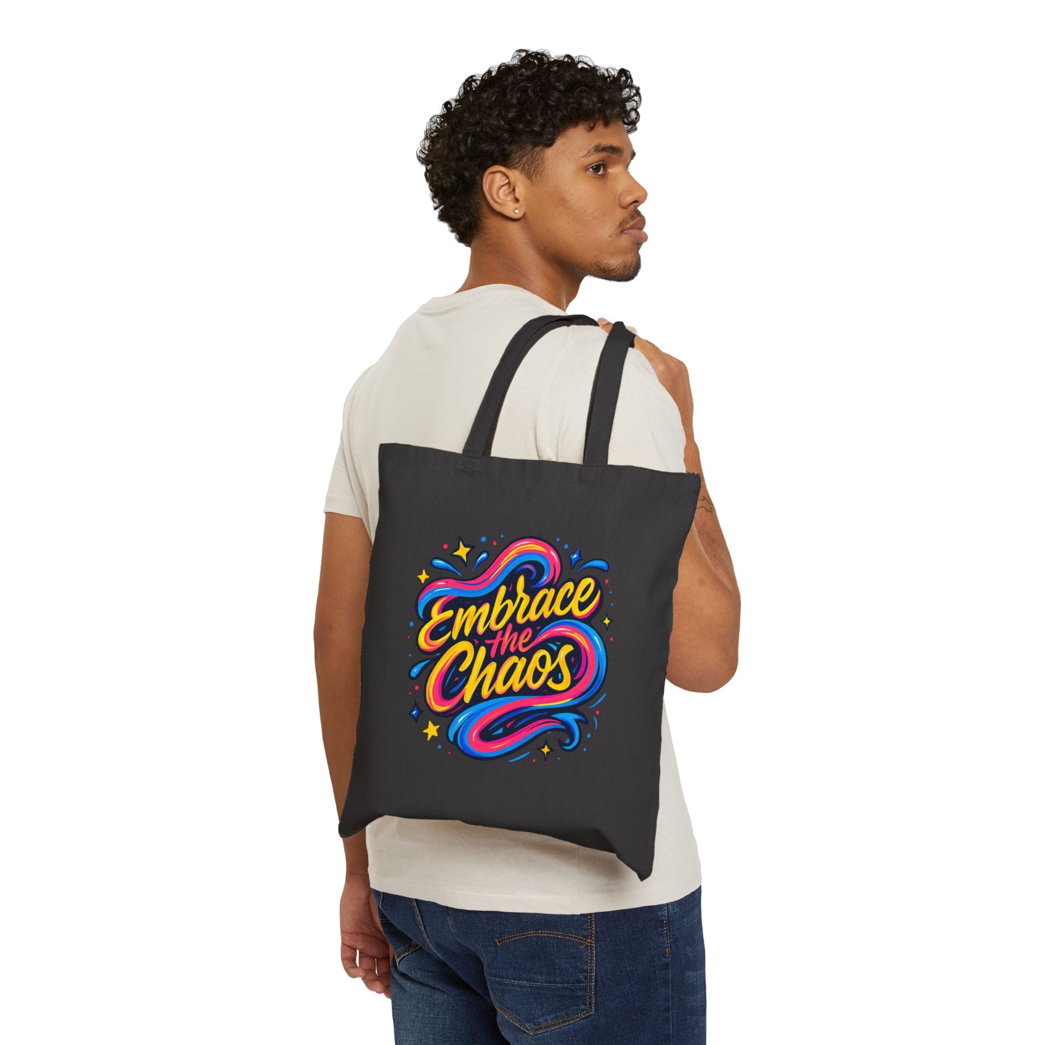 "Embrace the Chaos" Colorful Fun Shoulder Cotton Canvas Tote Bag