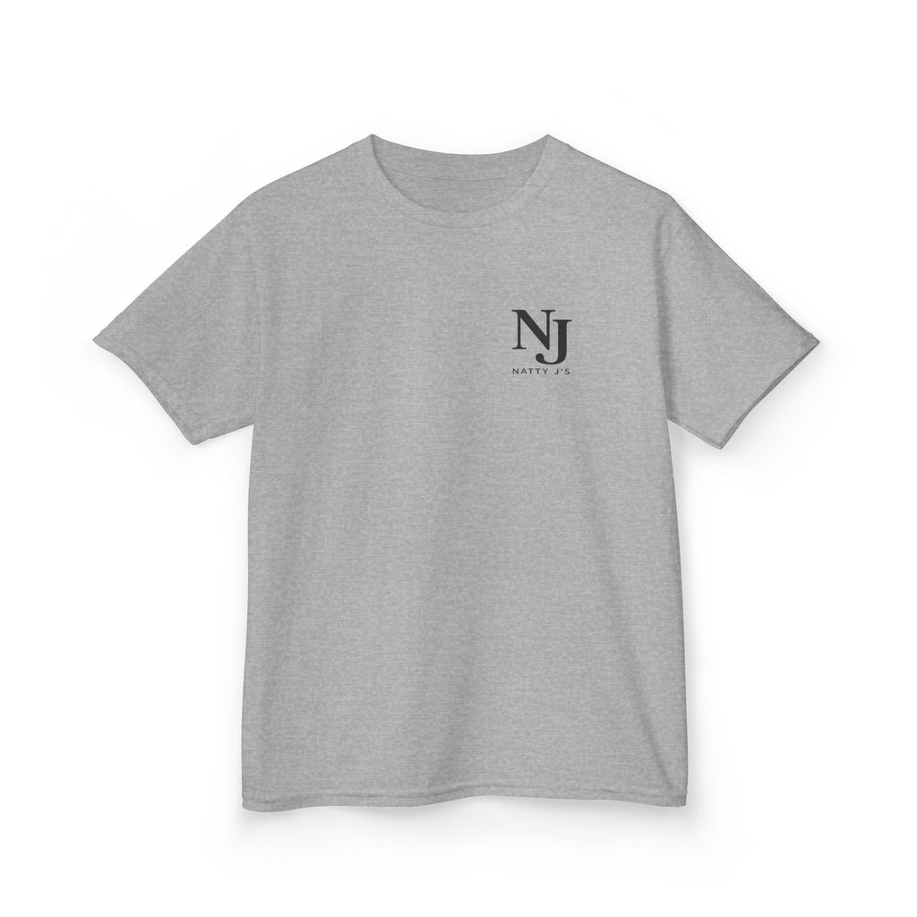 Gray t-shirt with a small logo on the chest against a white background