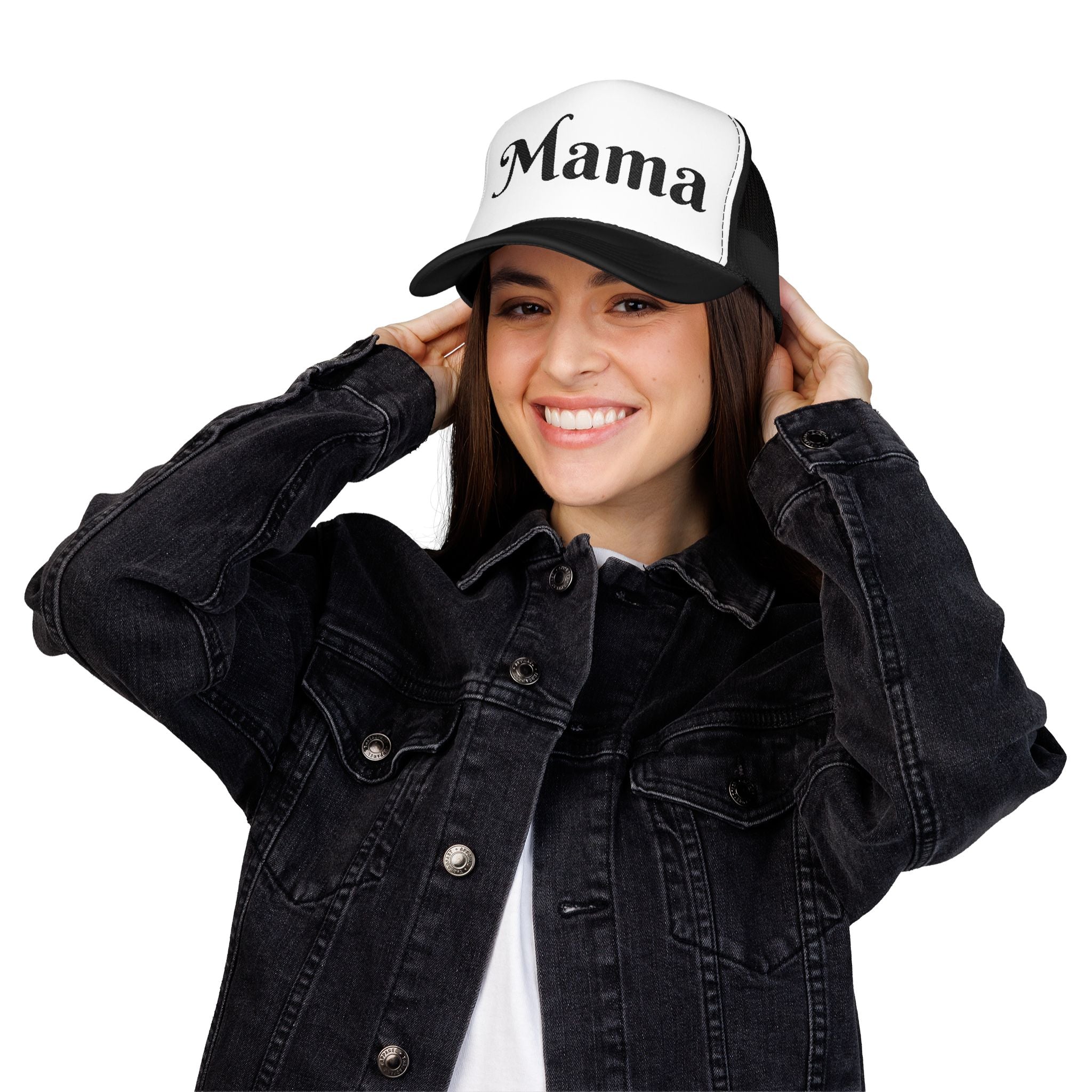 Embroidered Black and White Mama Trucker Hat