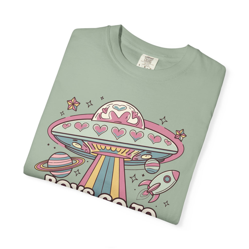 Boys Go to Jupiter Graphic Tee – Retro Space Valentine Shirt for Women | Fun UFO Heart