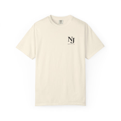 Beige (ivory) t-shirt with a 'NJ NattyJ's' Left Chest  logo on the chest against a white background