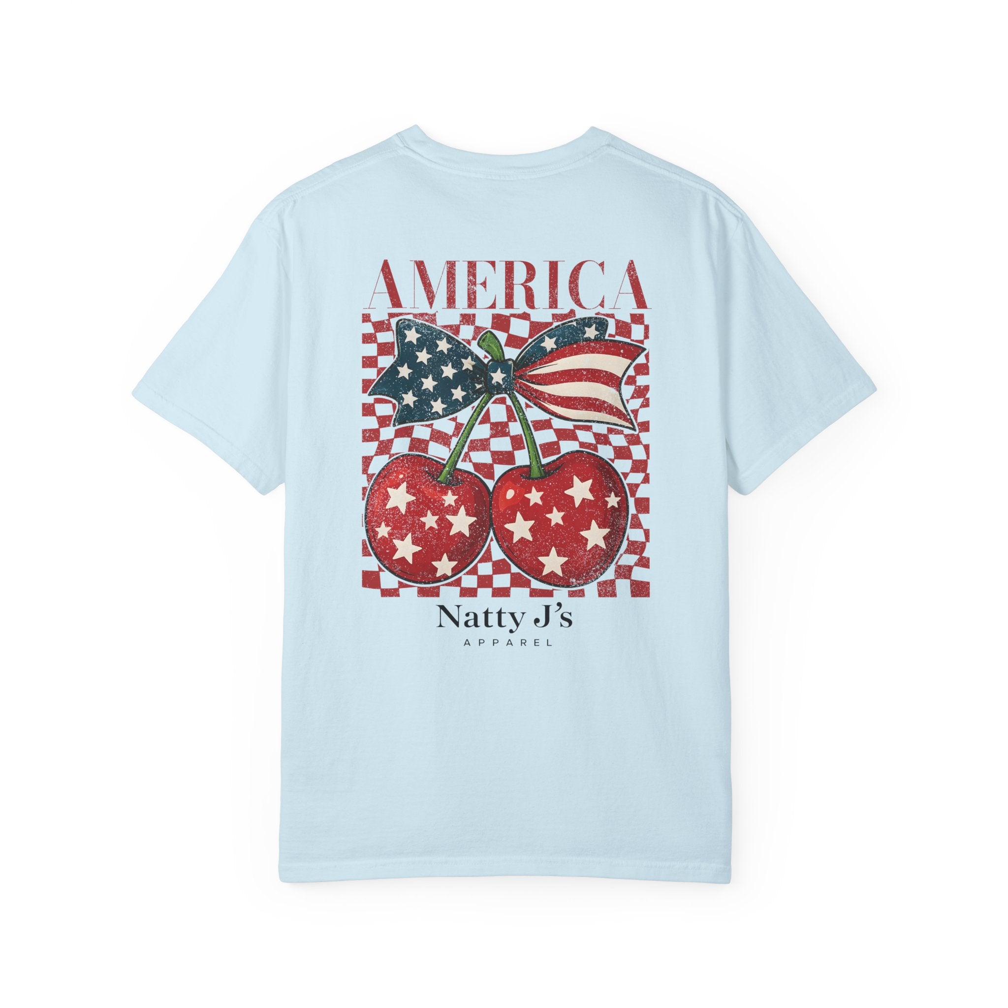 Light Blue (Chambray) women's patriotic cherry shirt with American flag bow and red white blue design on light blue t-shirt
women's 4th of July shirt with cherries and American flag graphic
America cherry youth t-shirt patriotic summer outfit for Women
red white blue cherry graphic tee for women's independence day shirt
trendy patriotic women's shirt with vintage cherry design featring NattyJ's Apparel