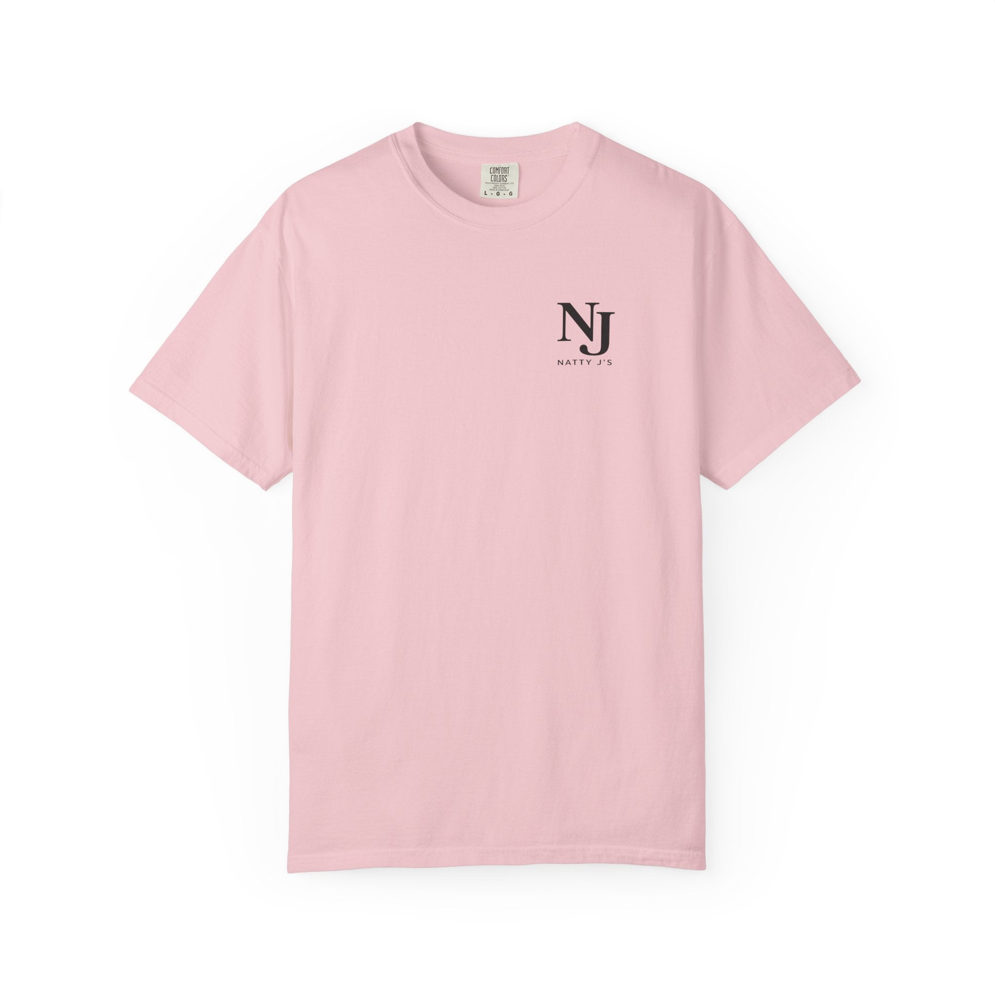 Pink (Blossom) t-shirt with a 'NJ NattyJ's' Left Chest logo on the chest against a white background