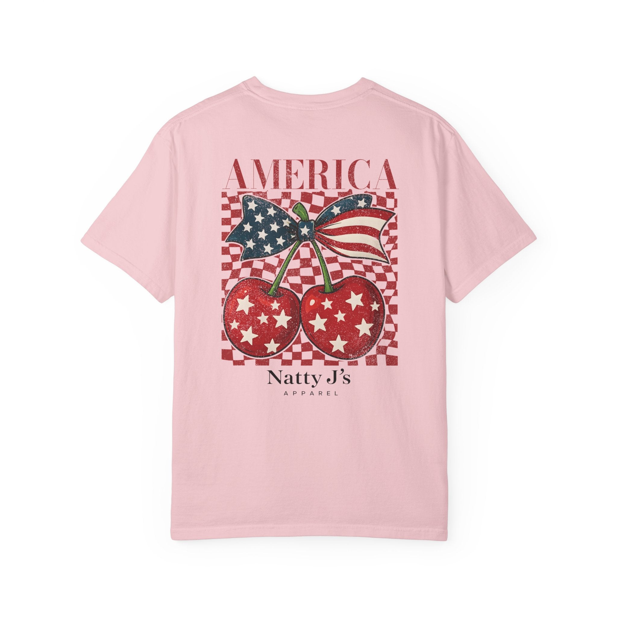 Pink (Blossom) women's patriotic cherry shirt with American flag bow and red white blue design on light blue t-shirt
women's 4th of July shirt with cherries and American flag graphic
America cherry youth t-shirt patriotic summer outfit for Women
red white blue cherry graphic tee for women's independence day shirt
trendy patriotic women's shirt with vintage cherry design featring NattyJ's Apparel