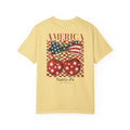 Yellow (Butter) women's patriotic cherry shirt with American flag bow and red white blue design on light blue t-shirt
women's 4th of July shirt with cherries and American flag graphic
America cherry youth t-shirt patriotic summer outfit for Women
red white blue cherry graphic tee for women's independence day shirt
trendy patriotic women's shirt with vintage cherry design featring NattyJ's Apparel