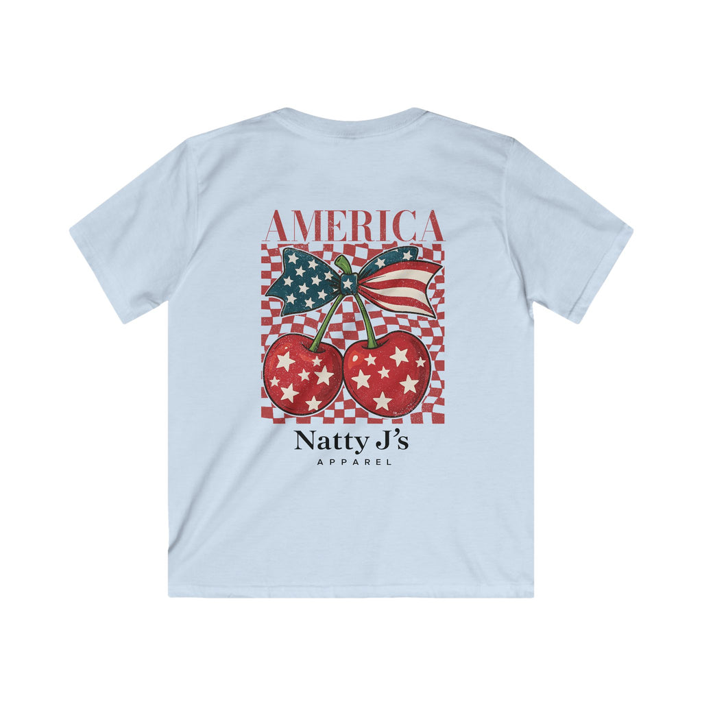 Light Blue youth patriotic cherry shirt with American flag bow and red white blue design on light blue t-shirt
kids 4th of July shirt with cherries and American flag graphic
America cherry youth t-shirt patriotic summer outfit for kids
red white blue cherry graphic tee for kids independence day shirt
trendy patriotic kids shirt with vintage cherry design Featuring NattyJ's Apparel
