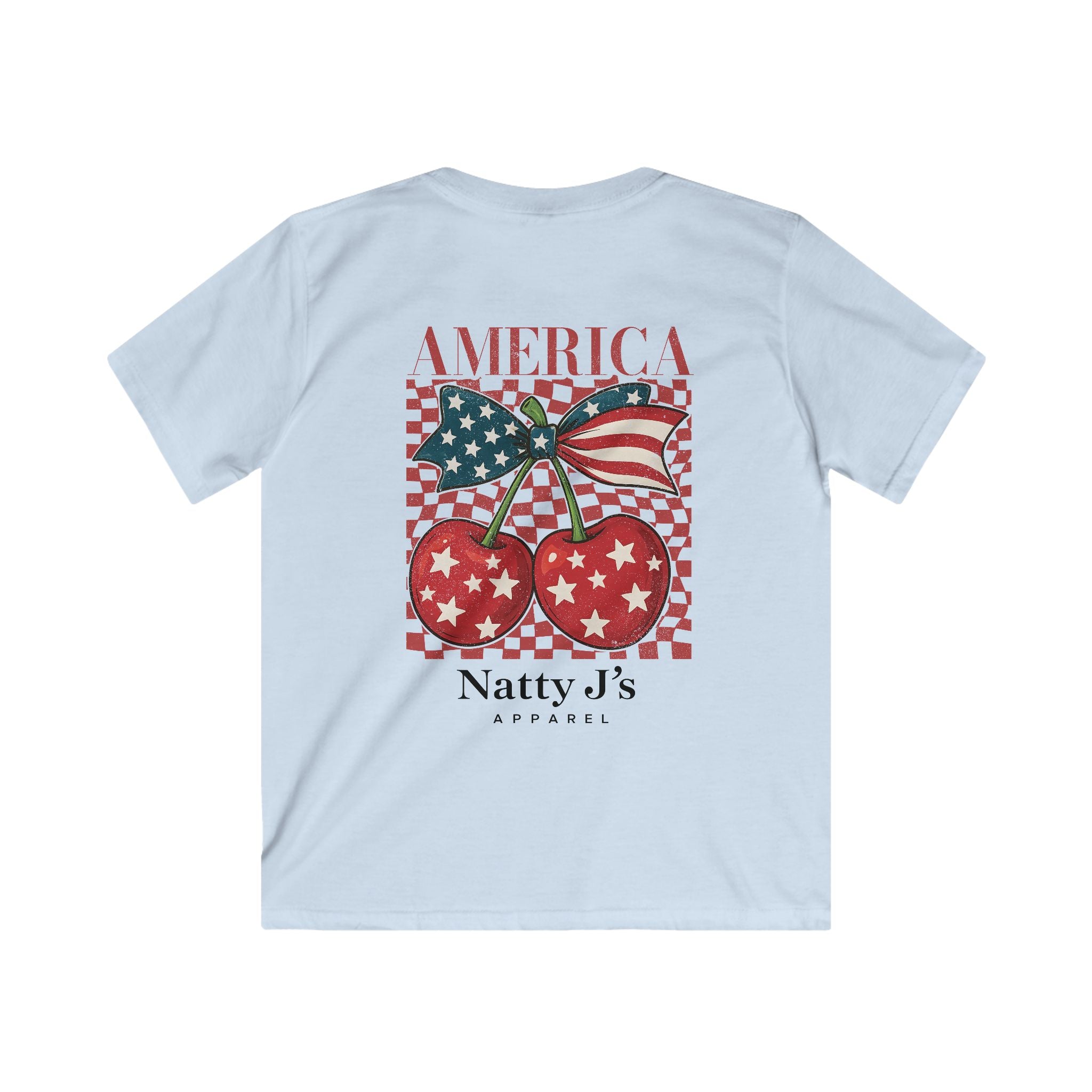 Light Blue youth patriotic cherry shirt with American flag bow and red white blue design on light blue t-shirt
kids 4th of July shirt with cherries and American flag graphic
America cherry youth t-shirt patriotic summer outfit for kids
red white blue cherry graphic tee for kids independence day shirt
trendy patriotic kids shirt with vintage cherry design Featuring NattyJ's Apparel
