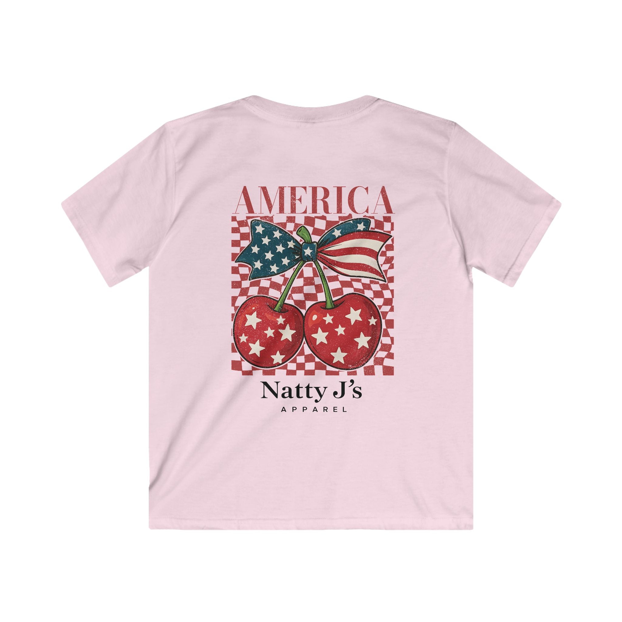 Pink youth patriotic cherry shirt with American flag bow and red white blue design on light blue t-shirt
kids 4th of July shirt with cherries and American flag graphic
America cherry youth t-shirt patriotic summer outfit for kids
red white blue cherry graphic tee for kids independence day shirt
trendy patriotic kids shirt with vintage cherry design Featuring NattyJ's Apparel