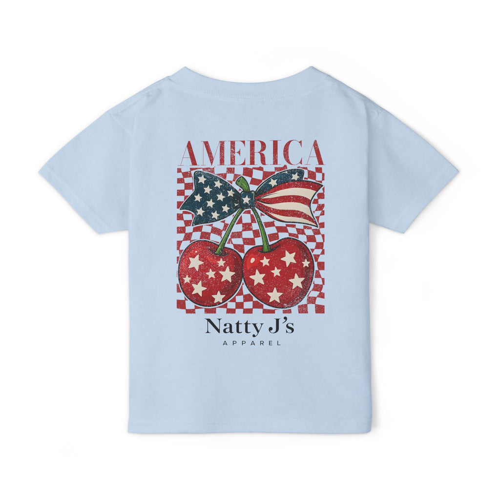 Light Blue youth patriotic cherry shirt with American flag bow and red white blue design on light blue t-shirt
kids 4th of July shirt with cherries and American flag graphic
America cherry youth t-shirt patriotic summer outfit for kids
red white blue cherry graphic tee for kids independence day shirt
trendy patriotic kids shirt with vintage cherry design featuring NattyJ's Apparel