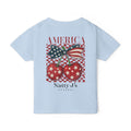 Light Blue youth patriotic cherry shirt with American flag bow and red white blue design on light blue t-shirt
kids 4th of July shirt with cherries and American flag graphic
America cherry youth t-shirt patriotic summer outfit for kids
red white blue cherry graphic tee for kids independence day shirt
trendy patriotic kids shirt with vintage cherry design featuring NattyJ's Apparel